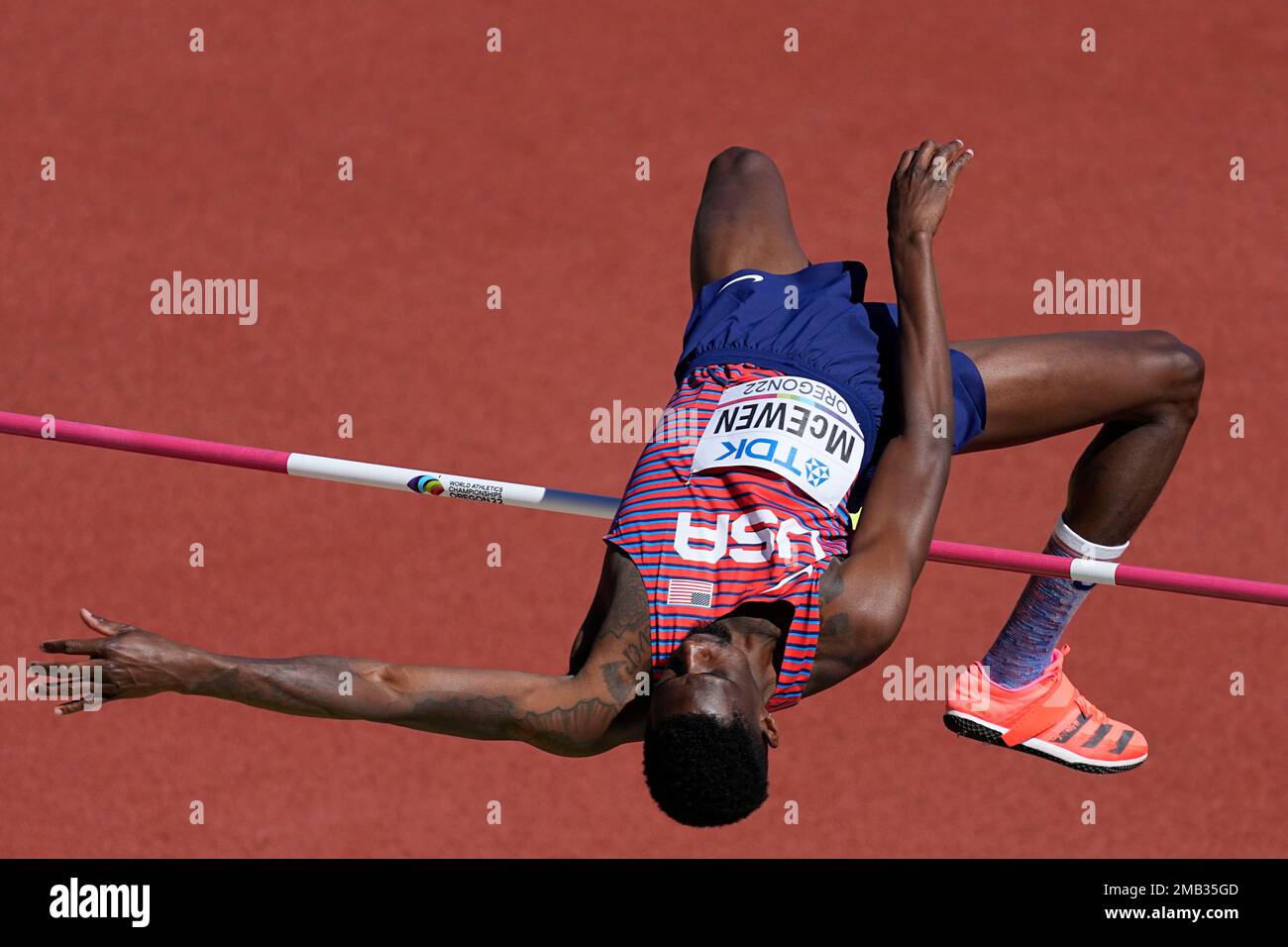Shelby Mcewen, of the United States, competes in the high jump at the