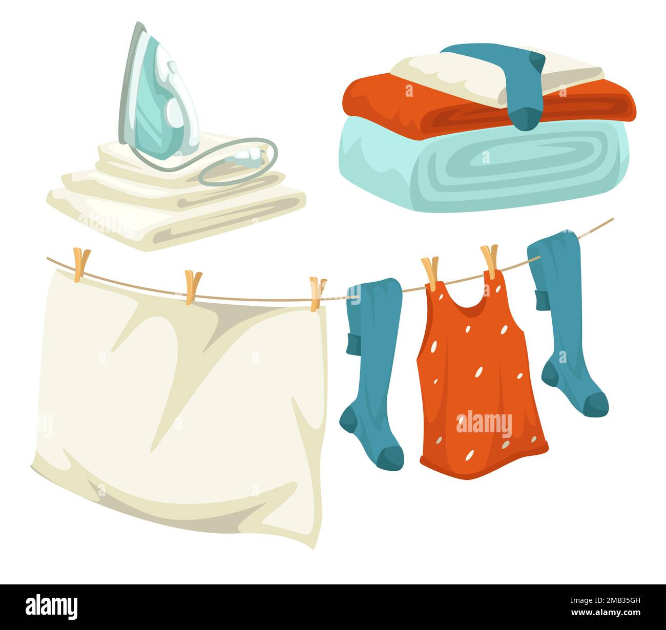 Clean laundry iron and drying line with pins linen and clothes Stock