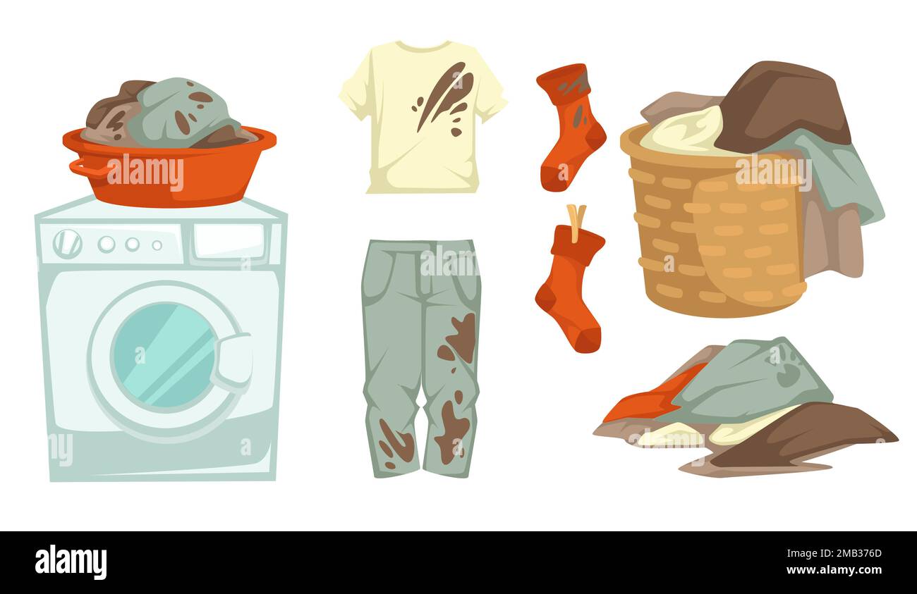 Washing machine and dirty laundry mud stains and messy linen Stock