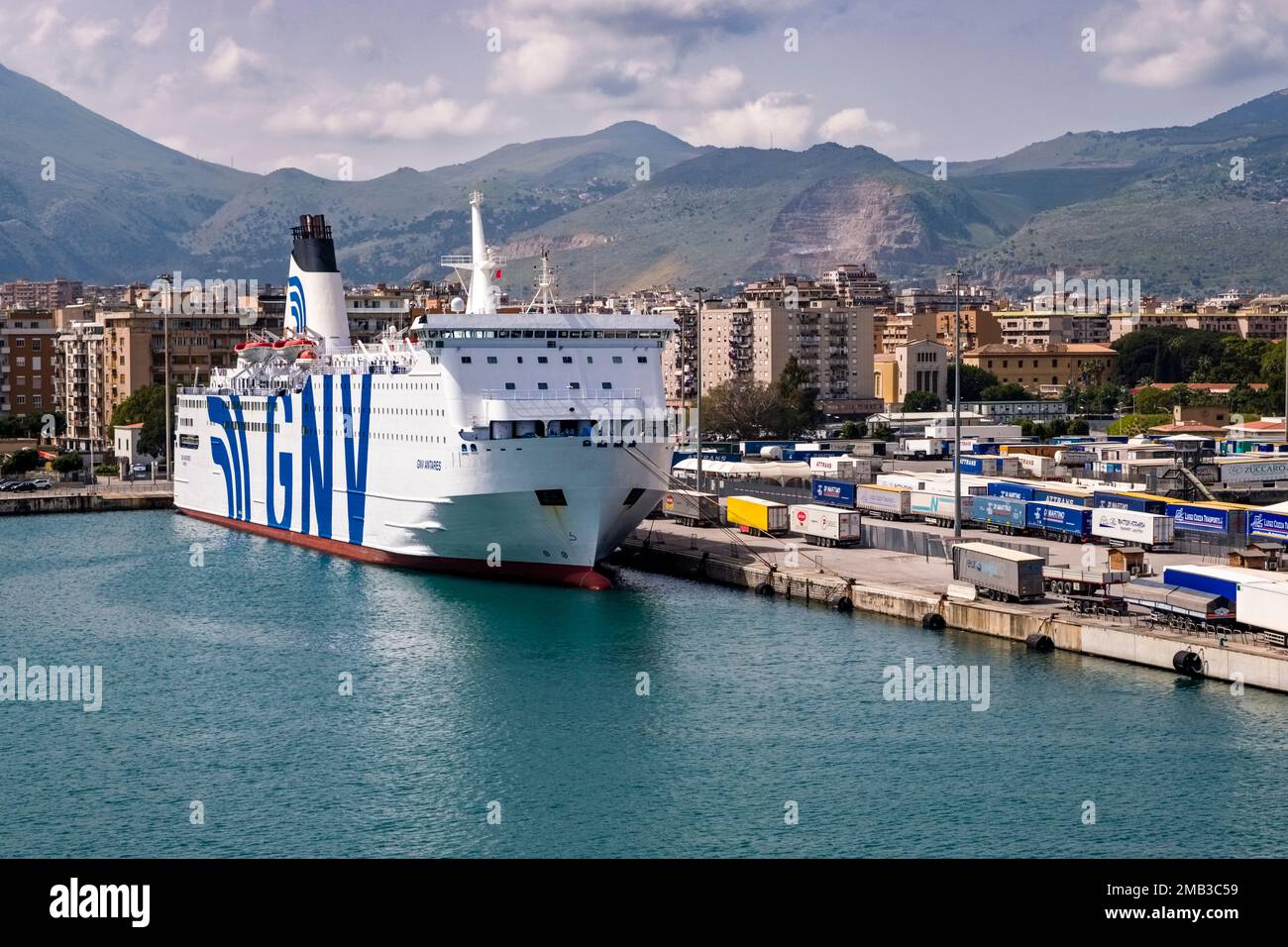 The GNV Antares, a Passenger/Ro-Ro Cargo Ship, is anchored in the Port of Palermo, Porto di Palermo. Stock Photo