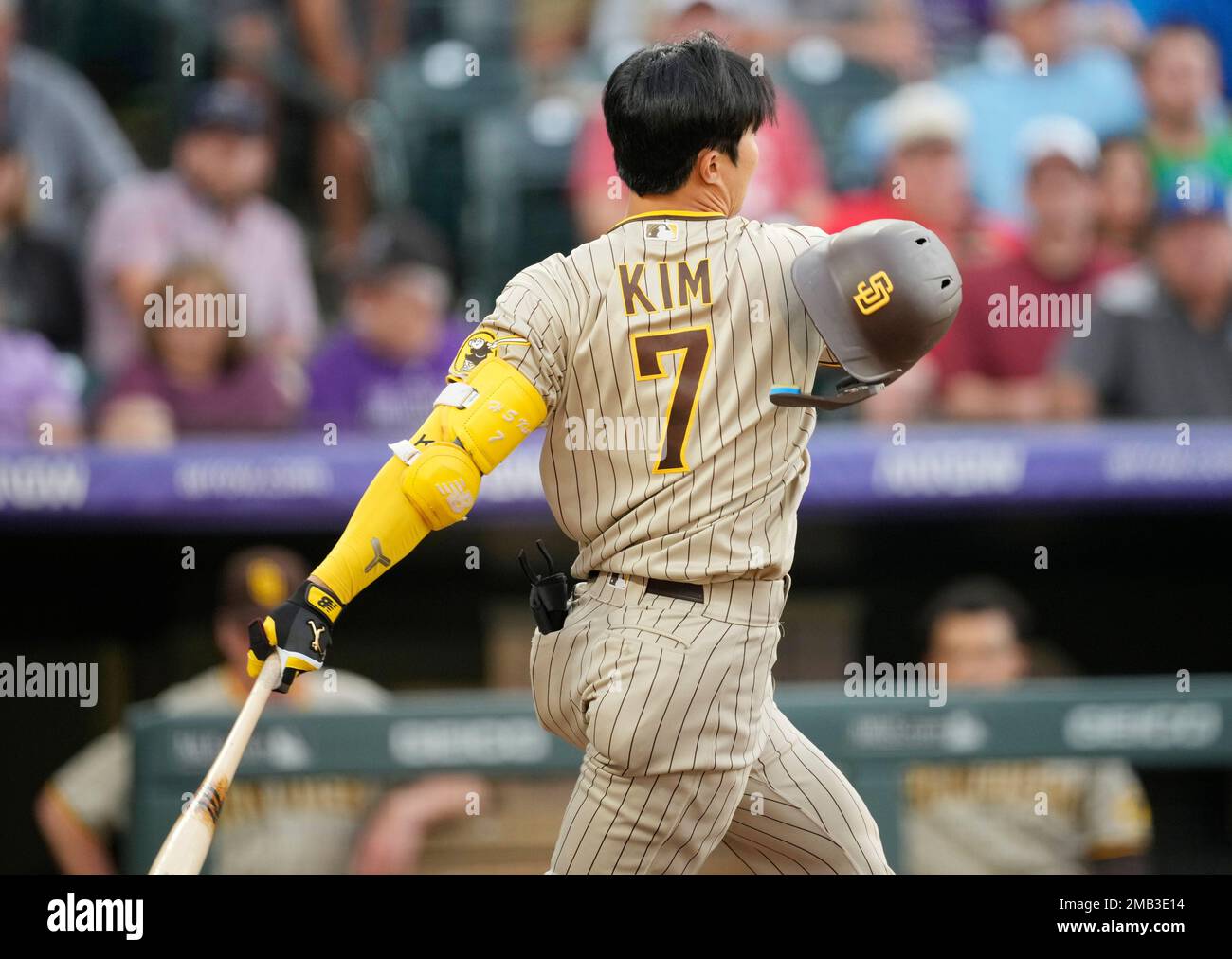 San Diego Padres' Ha-Seong Kim loses his batting helmet while