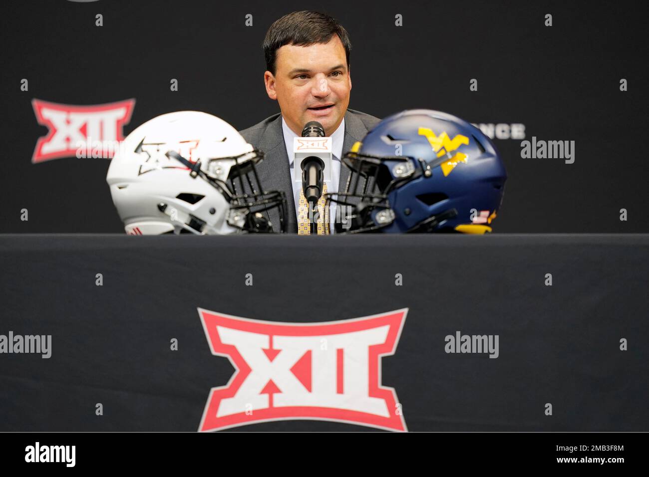 West Virginia head coach Neal Brown speaks to reporters at the NCAA ...