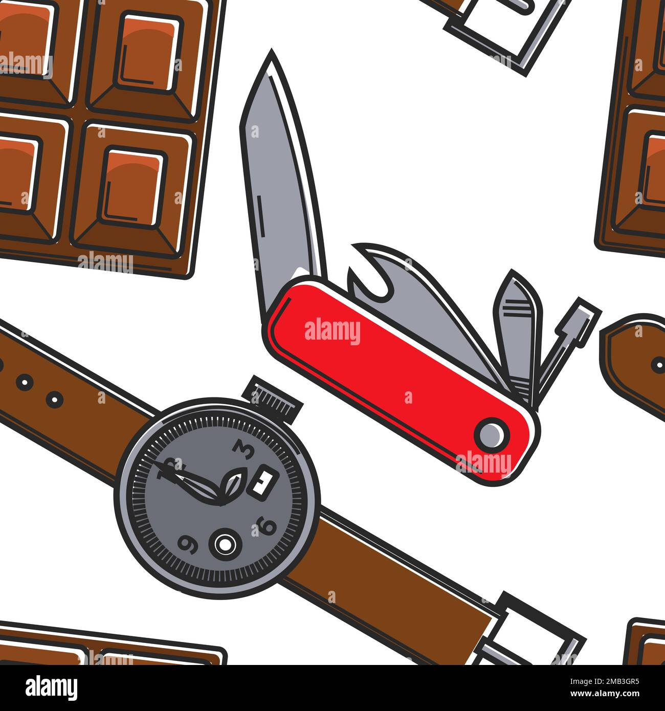 Swiss symbols seamless pattern chocolate knife and watch Stock Vector