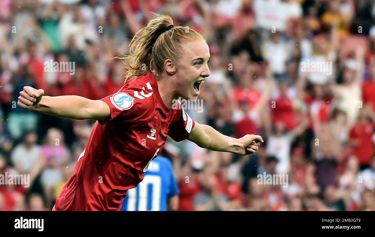 Denmark's Karen Holmgaard celebrates after Denmark's Pernille Harder  scoring her side's first goal during the Women Euro 2022 group B soccer  match between Denmark and Finland at MK stadium in Milton Keynes,