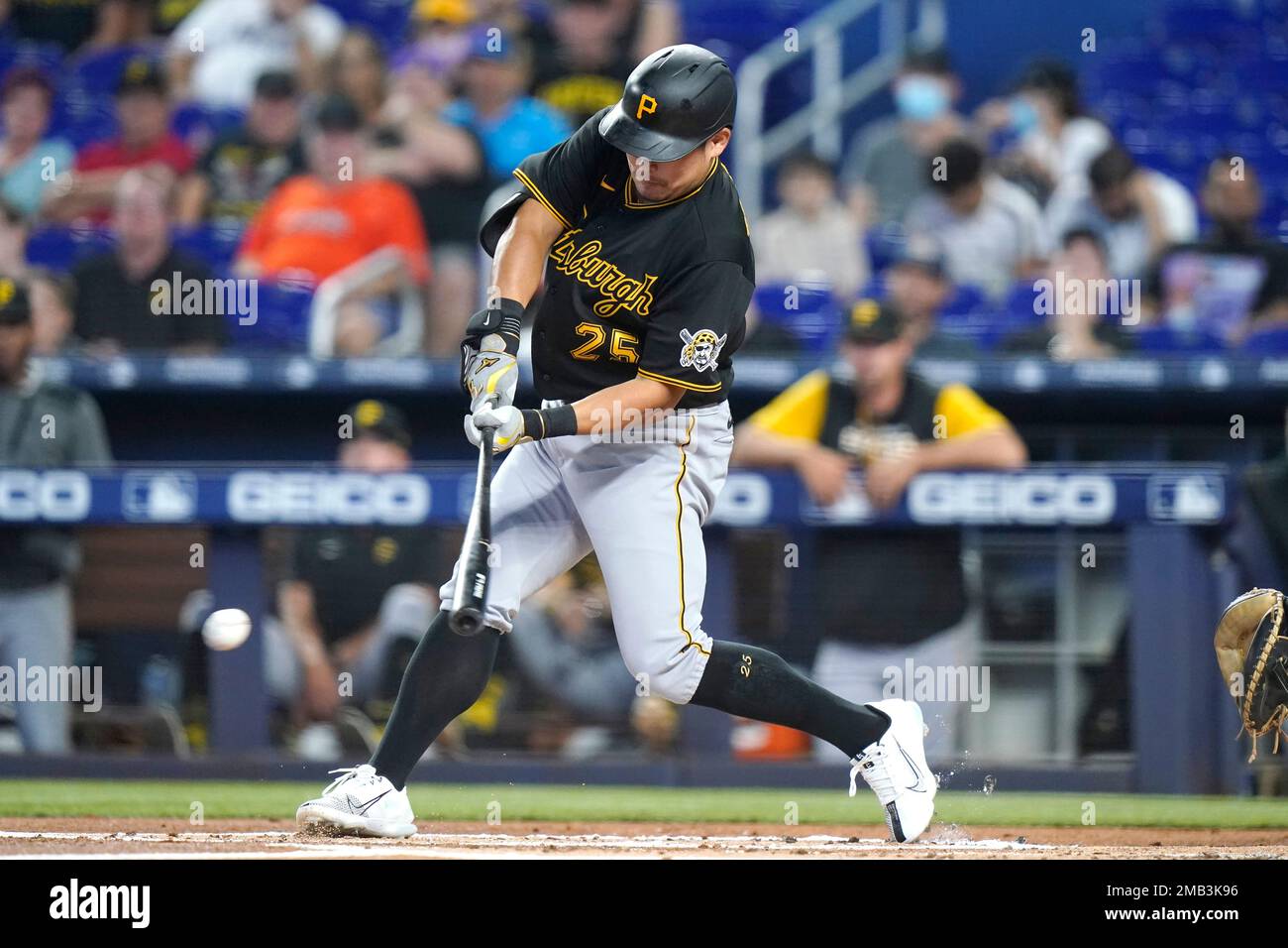 Pittsburgh Pirates first baseman Yoshi Tsutsugo, of Japan, bats during the  second inning of a baseball game against the Miami Marlins, Tuesday, July  12, 2022, in Miami. (AP Photo/Lynne Sladky Stock Photo 