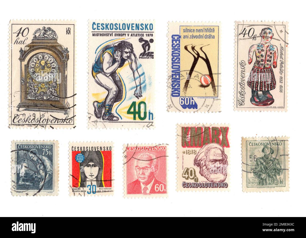 Vintage postage stamps from Czechoslovakia on a white background. Stock Photo