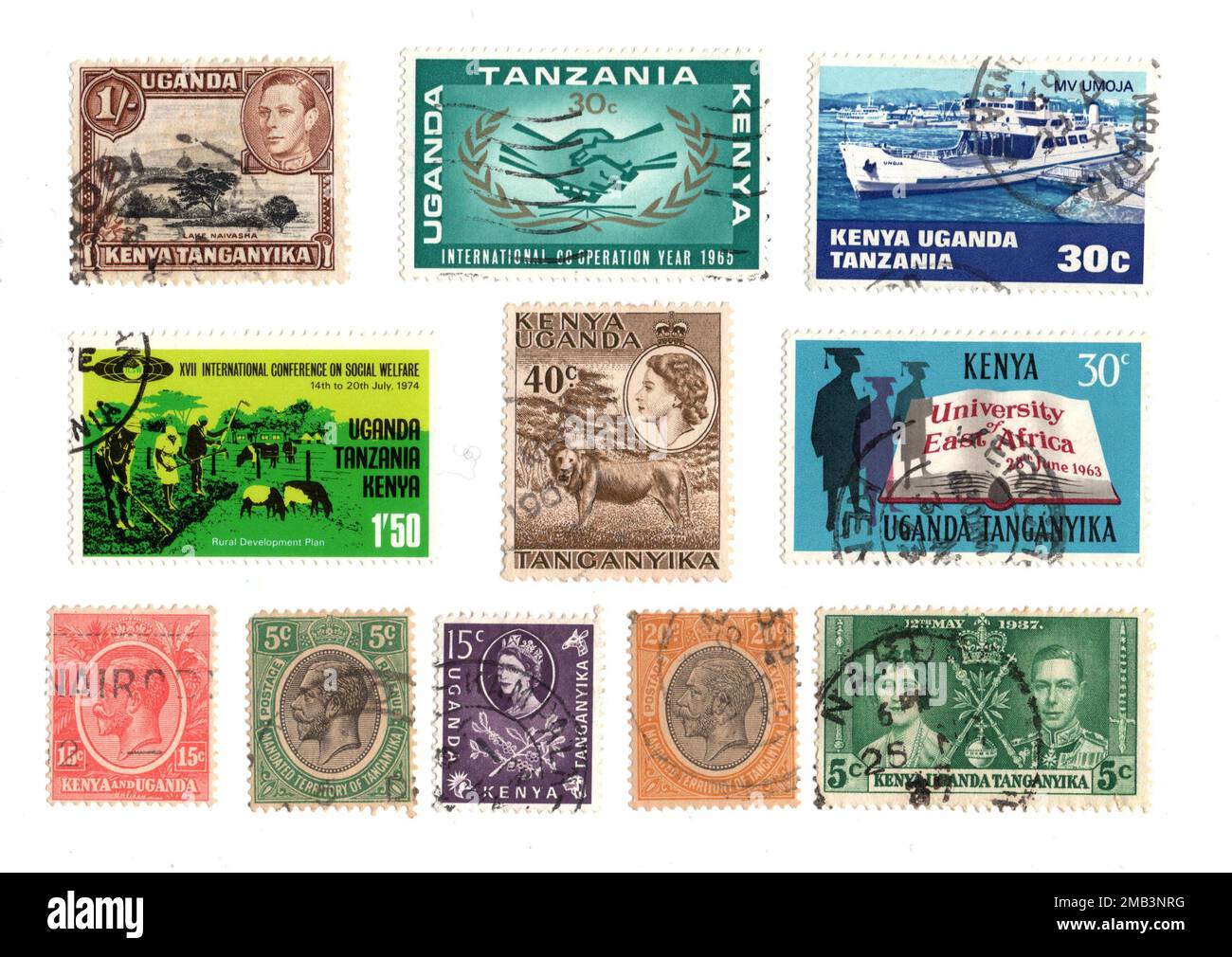 Vintage postage stamps from Kenya, Uganda and Tanganyika on a white