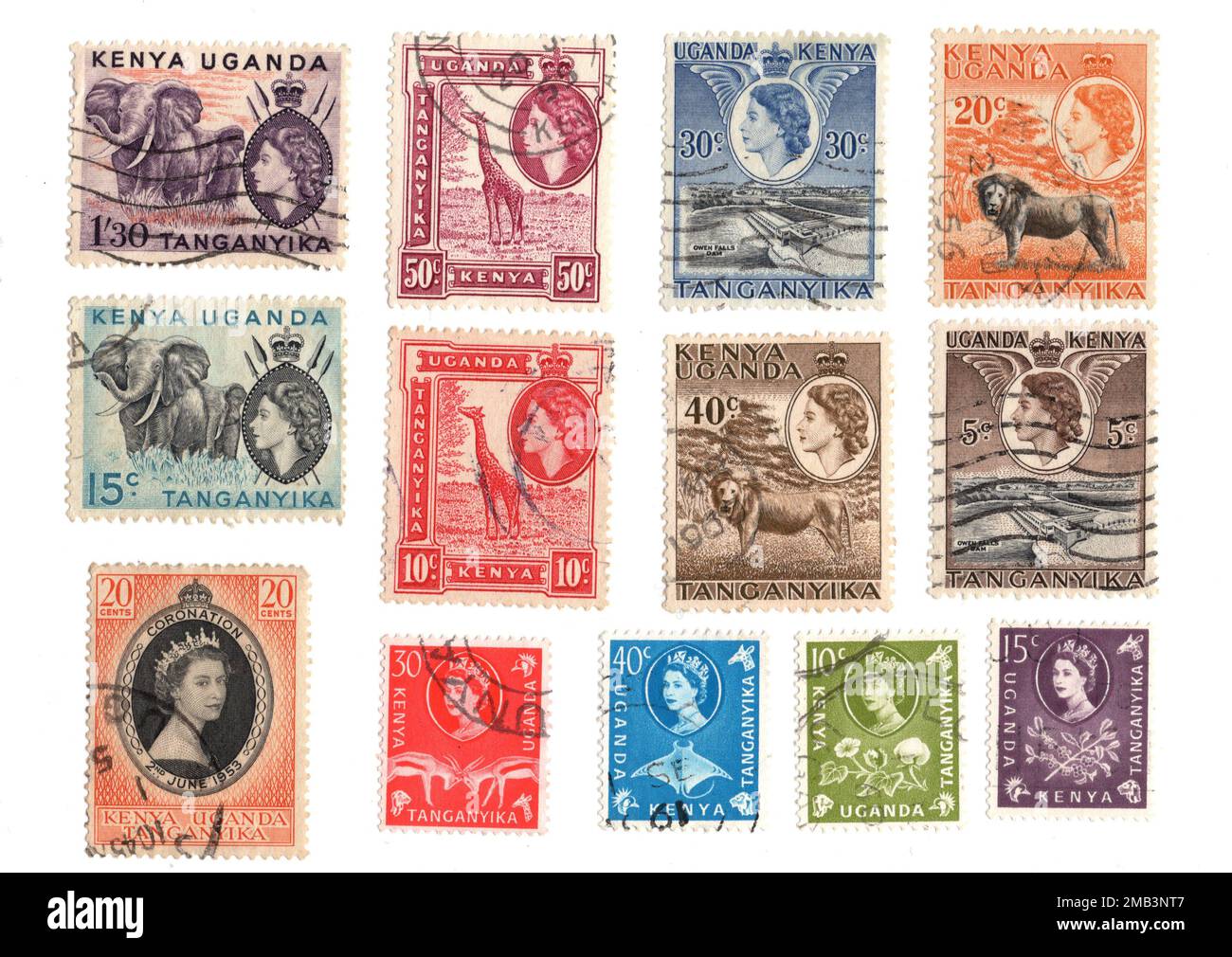 Vintage postage stamps from Kenya, Uganda and Tanganyika on a white background. Stock Photo