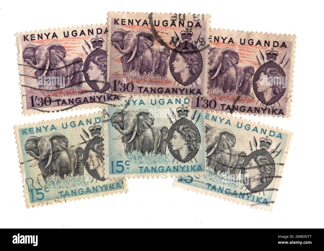 Vintage postage stamps from Kenya, Uganda and Tanganyika on a white
