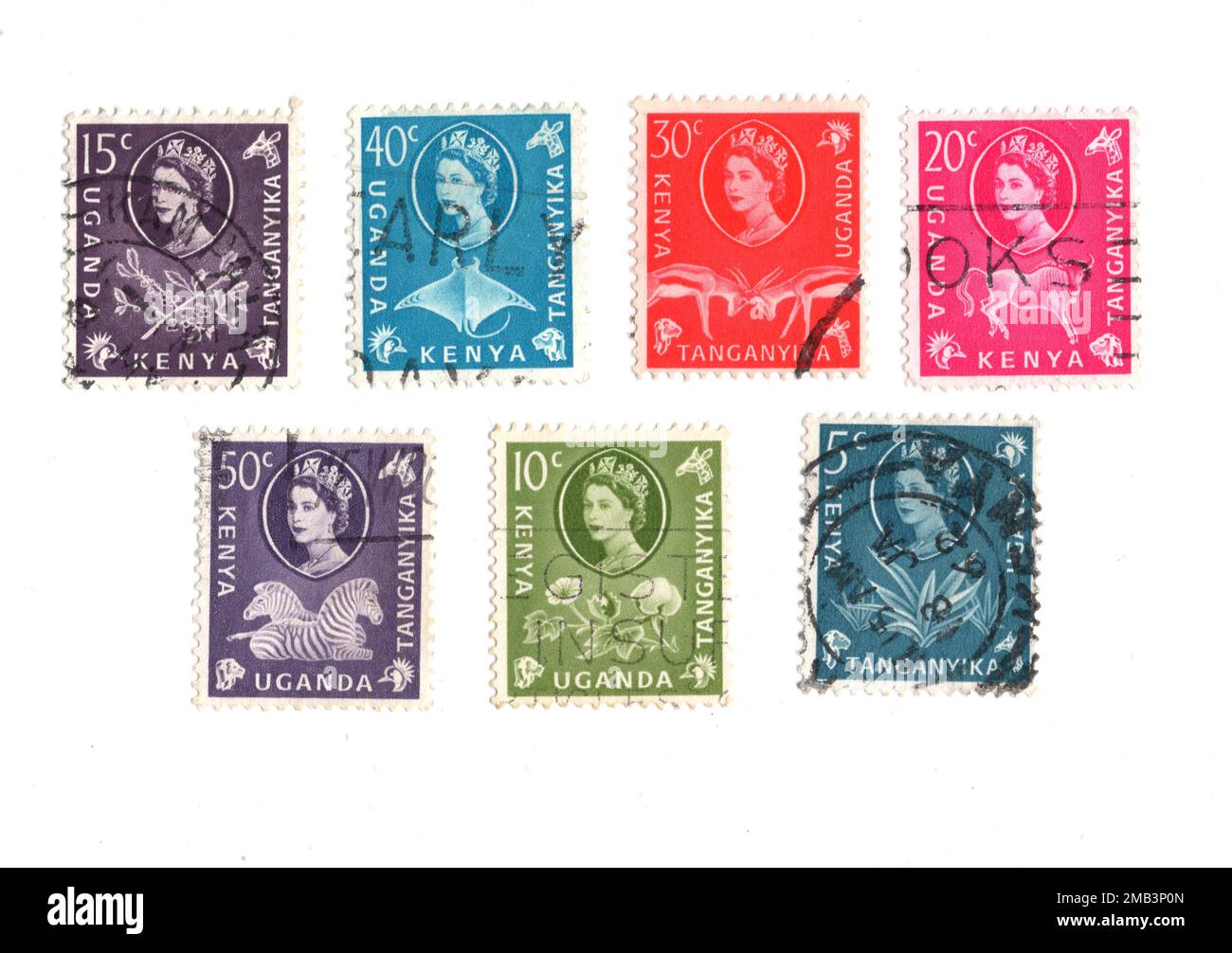 Vintage postage stamps from Kenya, Uganda and Tanganyika on a white background. Stock Photo