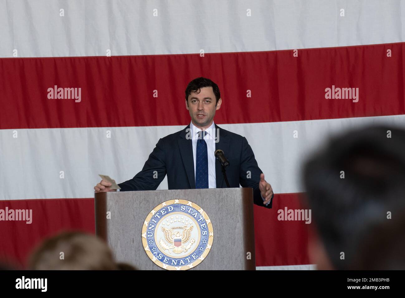 Sen. Jon Ossoff speaks during Academy Day at Dobbins Air Reserve Base, Ga, June 11. 2022. Sen. Jon Ossoff and Rep. Hank Johnson  hosted the 2022 Academy Day at Dobbins. High school students met with congressional staffers to learn their service academy nomination process and spoke with representatives from West Point, Naval Academy, Air Force Academy, Coast Guard Academy, Merchant Marine Academy, and other military accessioning sources throughout the morning. Stock Photo
