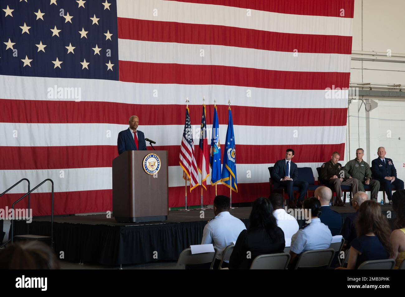 Rep. Hank Johnson speaks during Academy Day at Dobbins Air Reserve Base, Ga, June 11. 2022. Sen. Jon Ossoff and Rep. Hank Johnson  hosted the 2022 Academy Day at Dobbins. High school students met with congressional staffers to learn their service academy nomination process and spoke with representatives from West Point, Naval Academy, Air Force Academy, Coast Guard Academy, Merchant Marine Academy, and other military accessioning sources throughout the morning. Stock Photo