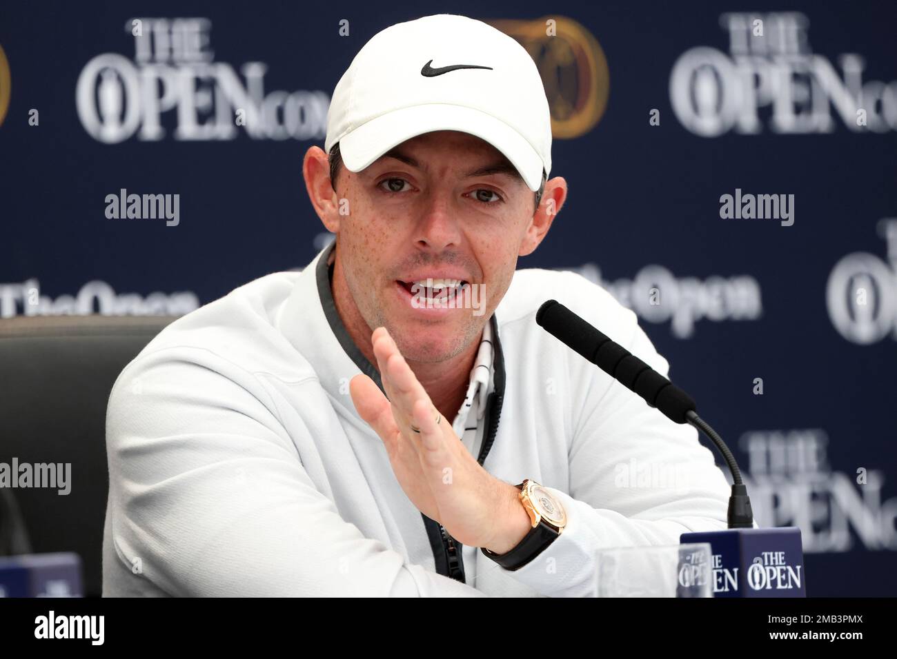 Northern Irelands golfer Rory Mcilroy gestures during a press conference at the British Open golf championship in St Andrews, Scotland, Tuesday, July 12, 2022