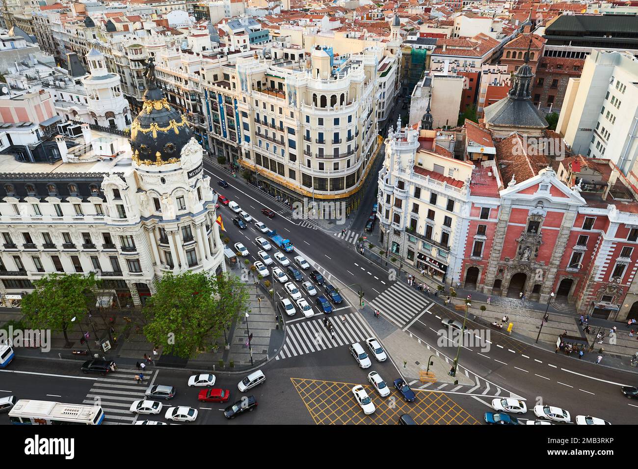 Main face and terraces of the Church of St. Joseph and Metropolis building on the Gran Via in Madrid, photographed from the Circulo de Bellas Artes. Stock Photo