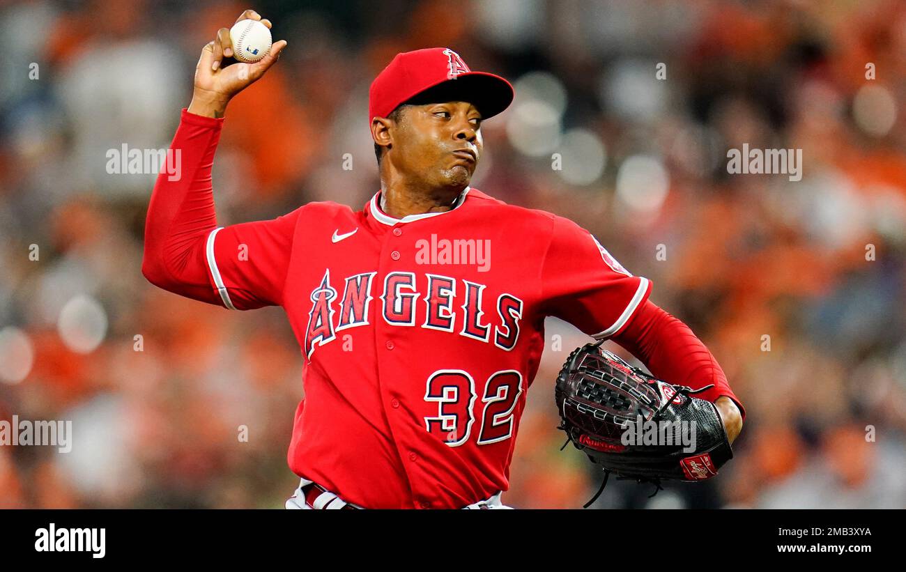 Los Angeles Angels relief pitcher Raisel Iglesias throws a pitch to the