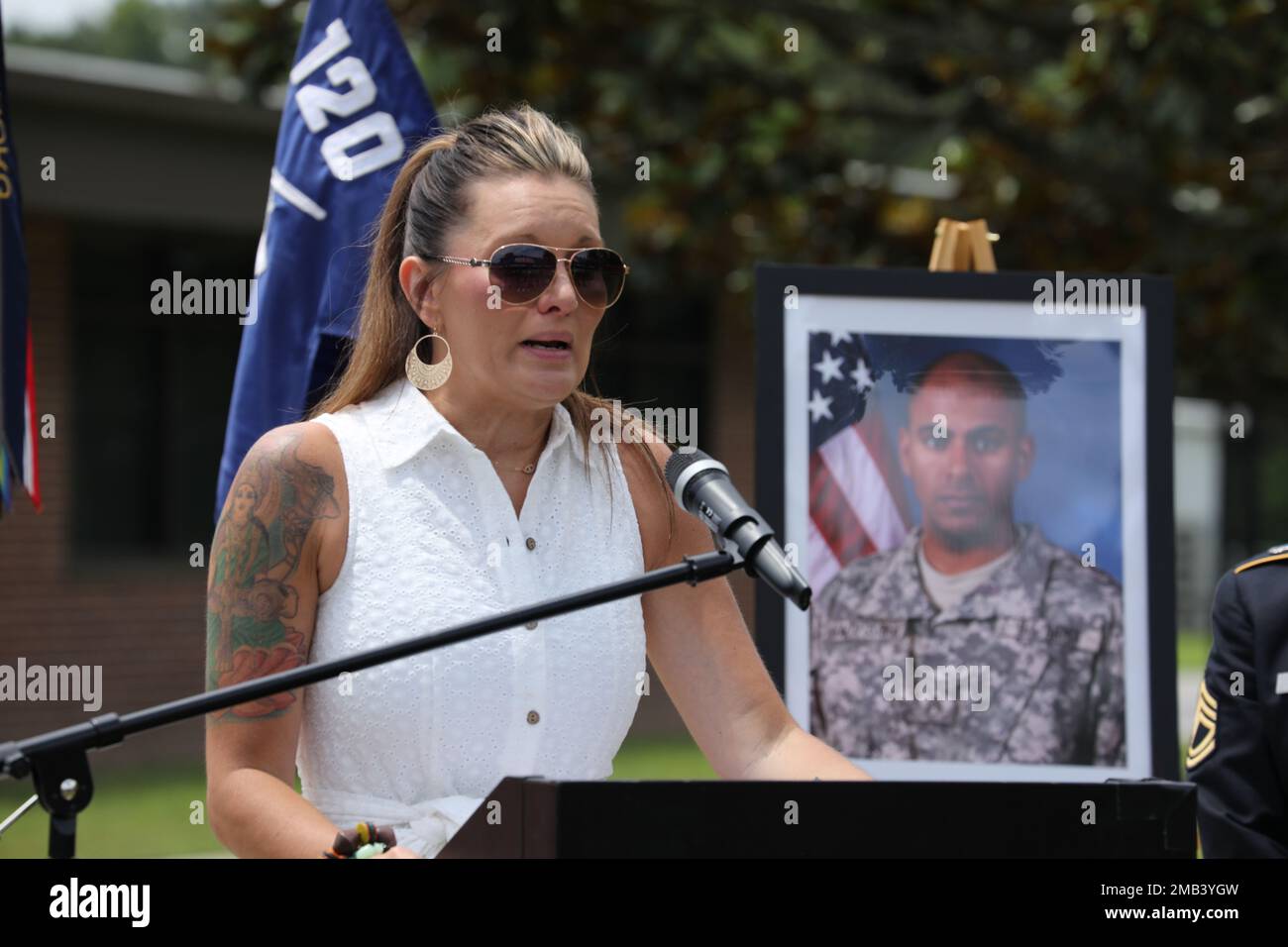 Rebecca Baldeosingh, widow of U.S. Army Sgt. Juan Baldeosingh, speaks
