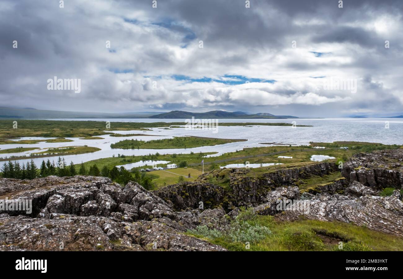 View of Lake Thingvallavatn and Thingvellir National Park from above the tectonic plates, Iceland Stock Photo