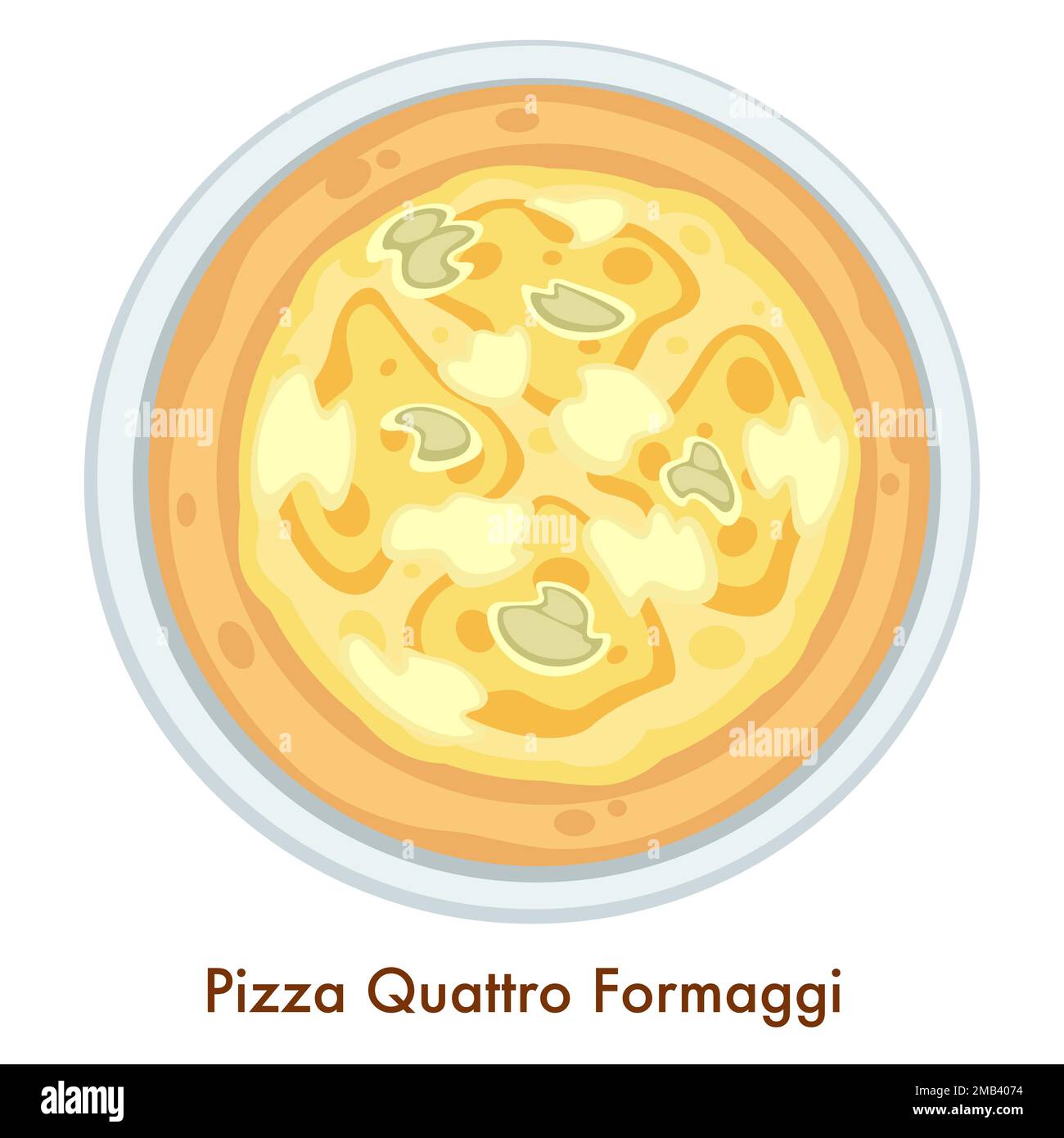 Pizza Quattro Formaggi Italian food dish vector cuisine of Italy isolated vector meal melted cheeses sorts mozzarella and cheddar parmesan and blue ch Stock Vector