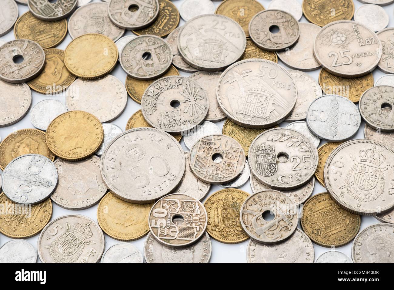 Ancient Spanish coins. Spanish money of pesetas and centimos Stock Photo