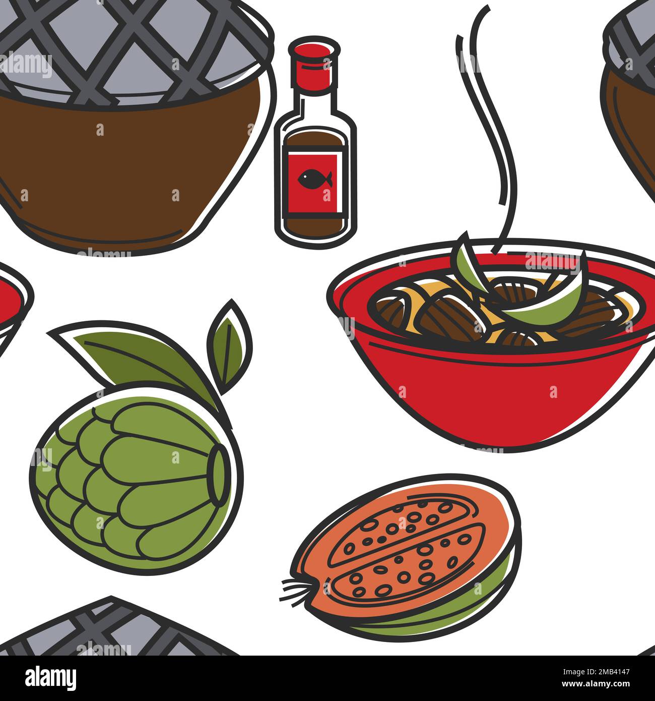 Dishes and fruits Vietnamese cuisine or food seamless pattern vector traveling and tourism meat with gravy and sugar apple melon and porridge in clay Stock Vector