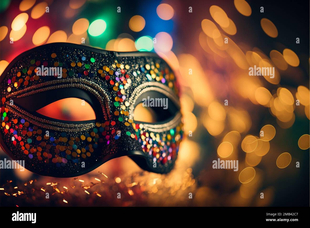 A carnival image with a colorful mask, lights, blur and dark background. Costume party popular in Brazil, Rio de Janeiro and Bahia, with lots of samba Stock Photo