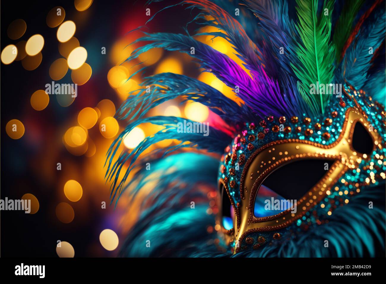 A carnival image with a colorful mask, ribbons, lights, shine, blur and dark background. Costume party popular in Brazil, Rio de Janeiro and Bahia Stock Photo