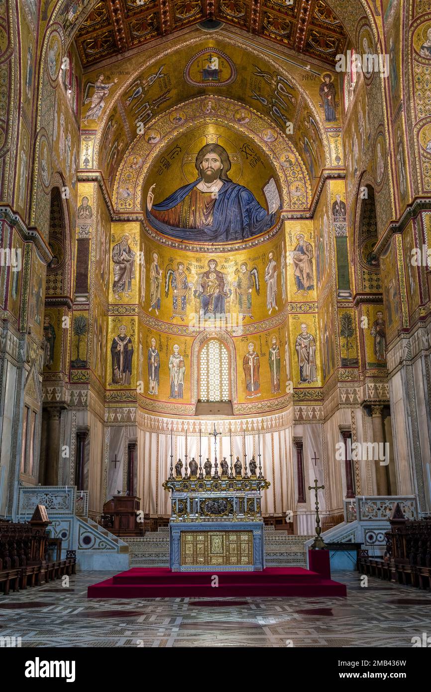 Altar, interior and painted ceilings of the Cathedral of Monreale ...