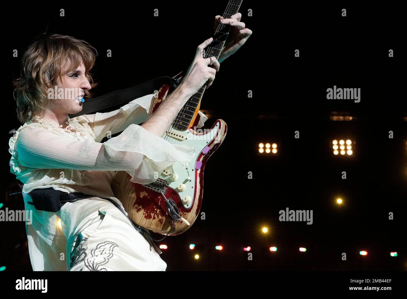 Thomas Raggi, of the Italian rock band Maneskin performs during their ...