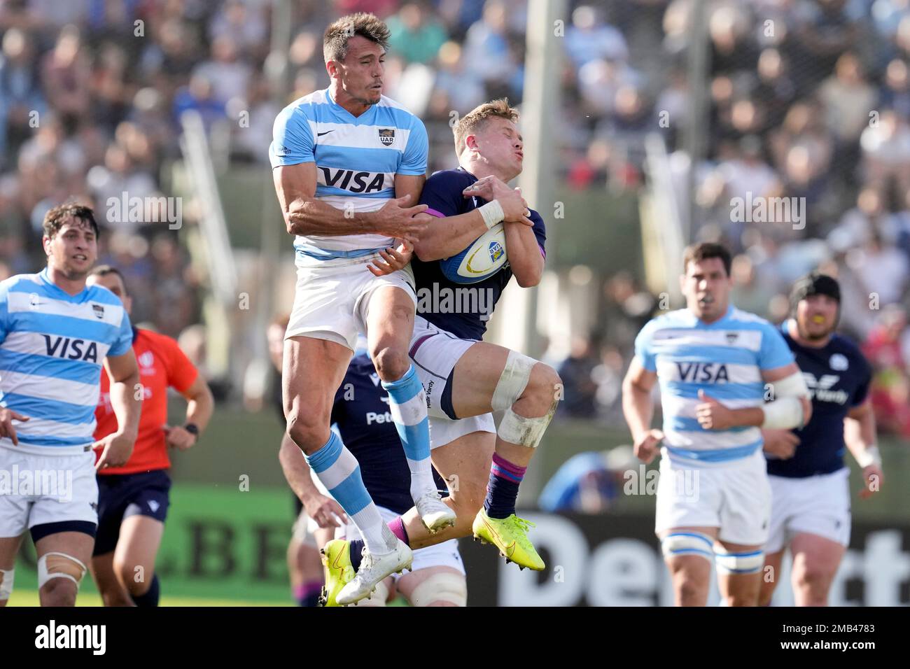 Scotland's Darcy Graham, right, grabs the line out ball ahead Argentina's  Los Pumas Juan Imhoff during their rugby test match in Salta, Argentina,  Saturday, July 9, 2022. (AP Photo/Natacha Pisarenko Stock Photo -
