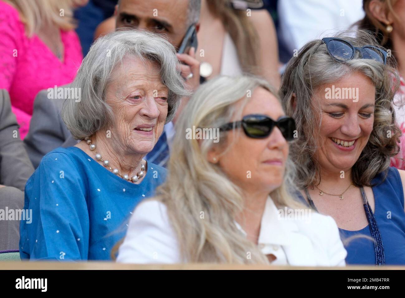 Actress Dame Maggie Smith takes her seat in the Royal Box for the final of  the women's singles on day thirteen of the Wimbledon tennis championships  in London, Saturday, July 9, 2022. (
