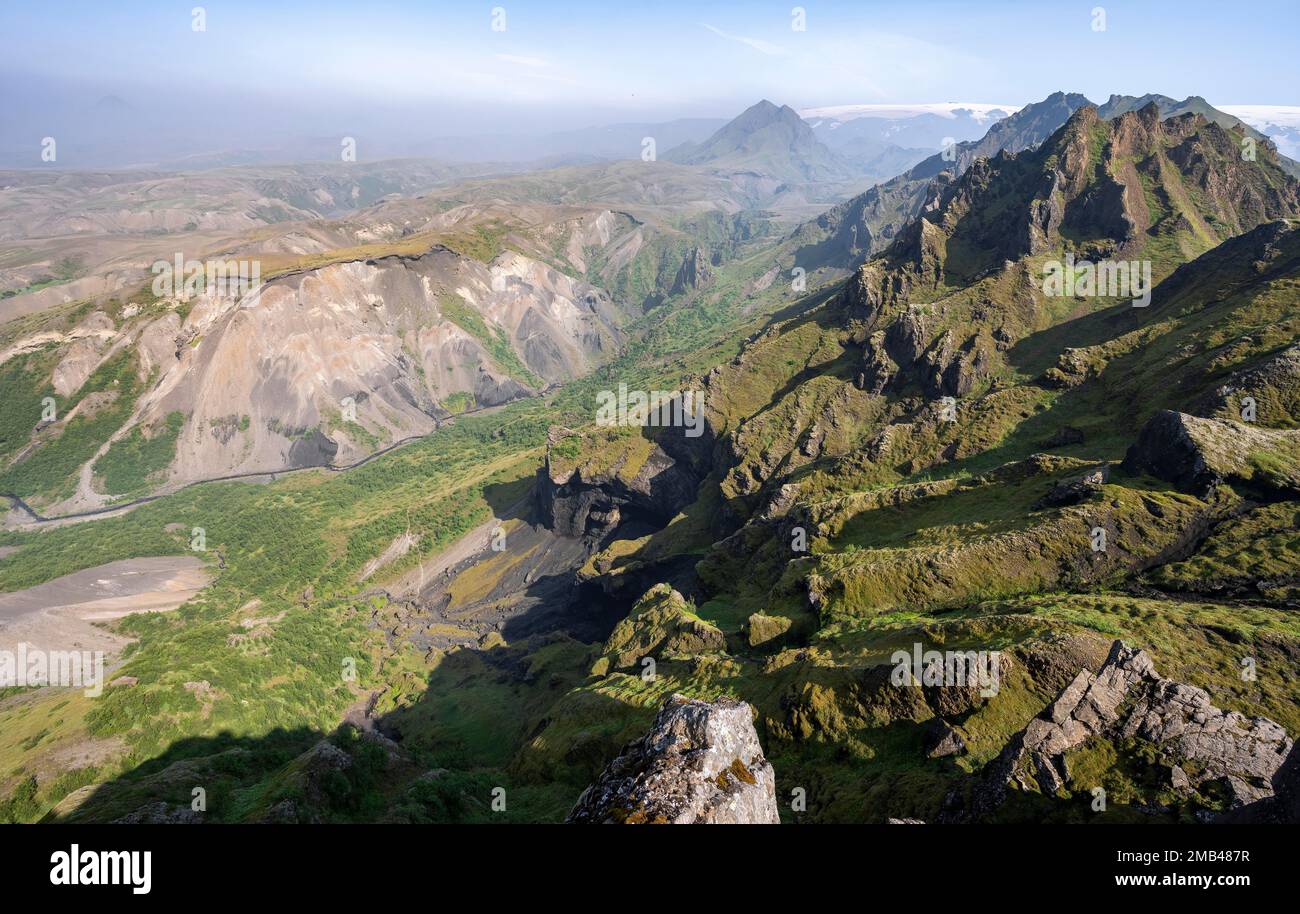 Pointed green mountain peaks on the ridge of Tindfjoell, wild nature ...
