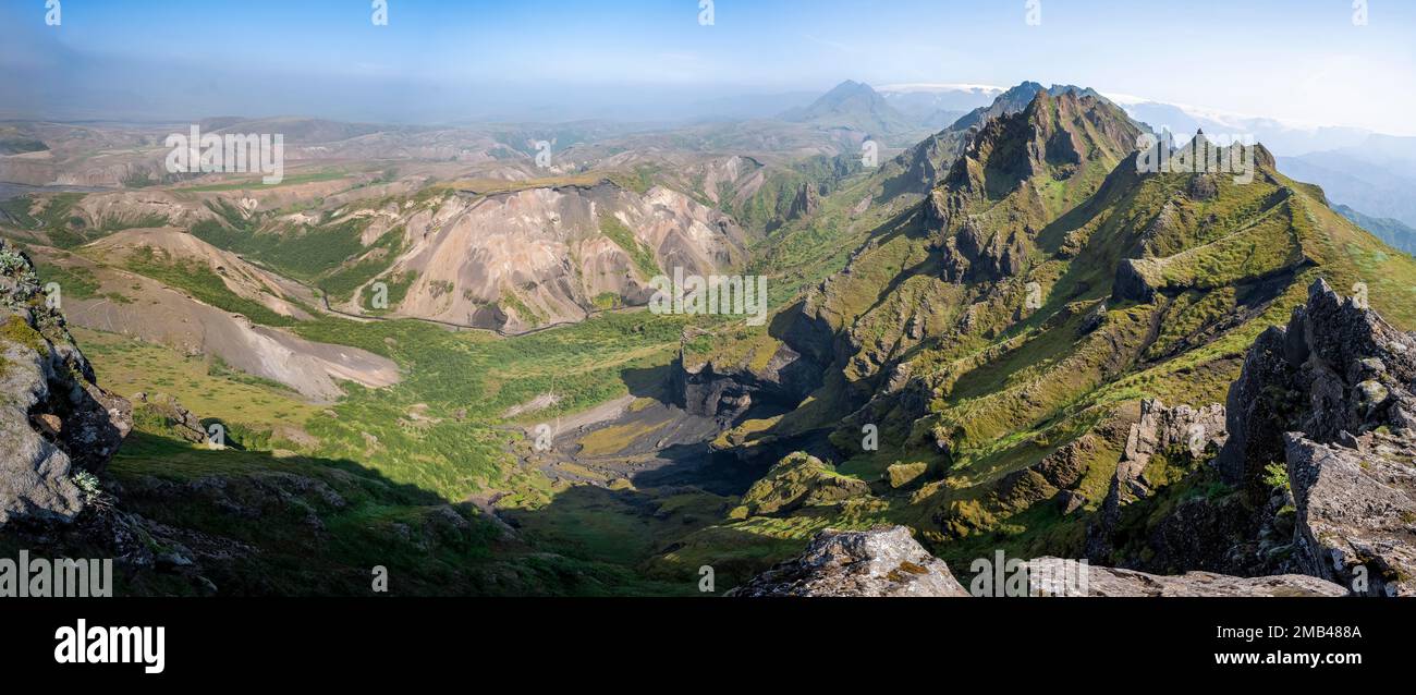 Pointed Ridge Pointed green mountain peaks on the ridge of Tindfjoell, wild nature ...