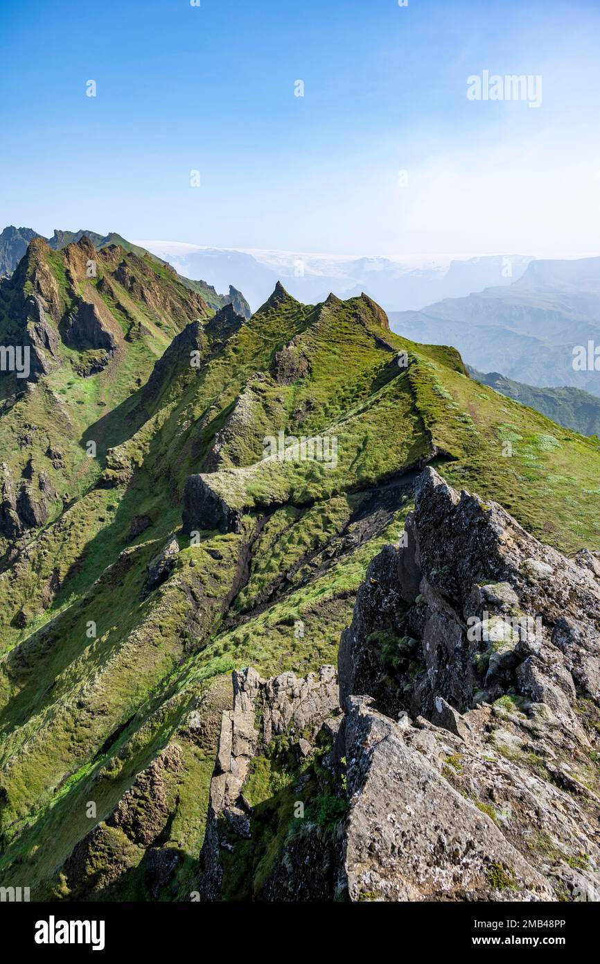 Pointed Ridge Pointed green mountain peaks on the ridge of Tindfjoell, Myrdalsjoekull ...