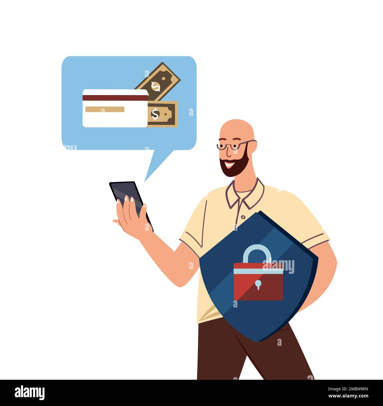 Mobile Personal Data Protection Concept.Character get money online.Safeguard Security sign at Smartphone with Fingerprint,Biometrics Authentication,Se Stock Photo