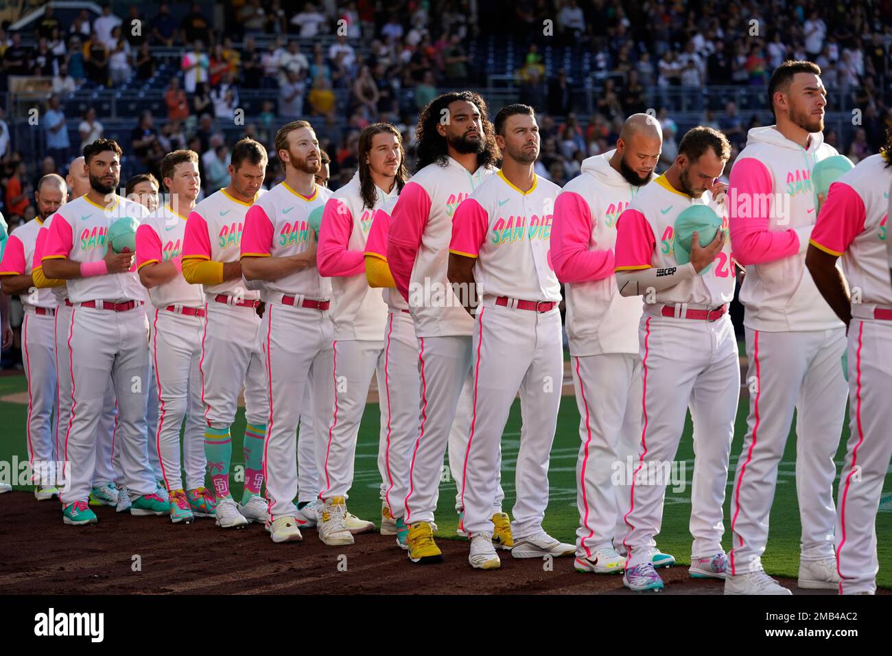 Members of the San Diego Padres wear City Connect uniforms before