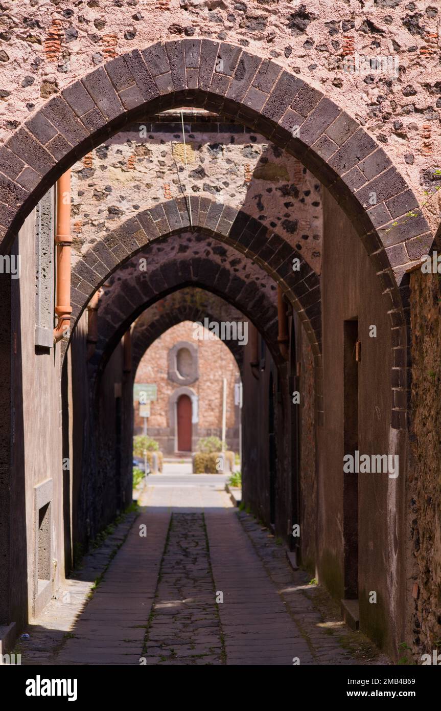 Via degli Archi, Street of the Four Arches, Old Town, Randazzo, Sicily, Italy Stock Photo