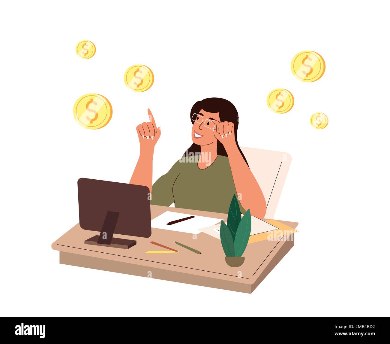 Female Accountant employee at work.Financial manager at computer desk. Businesswoman, office worker with finance and accounting documents, mail. Flat Stock Photo