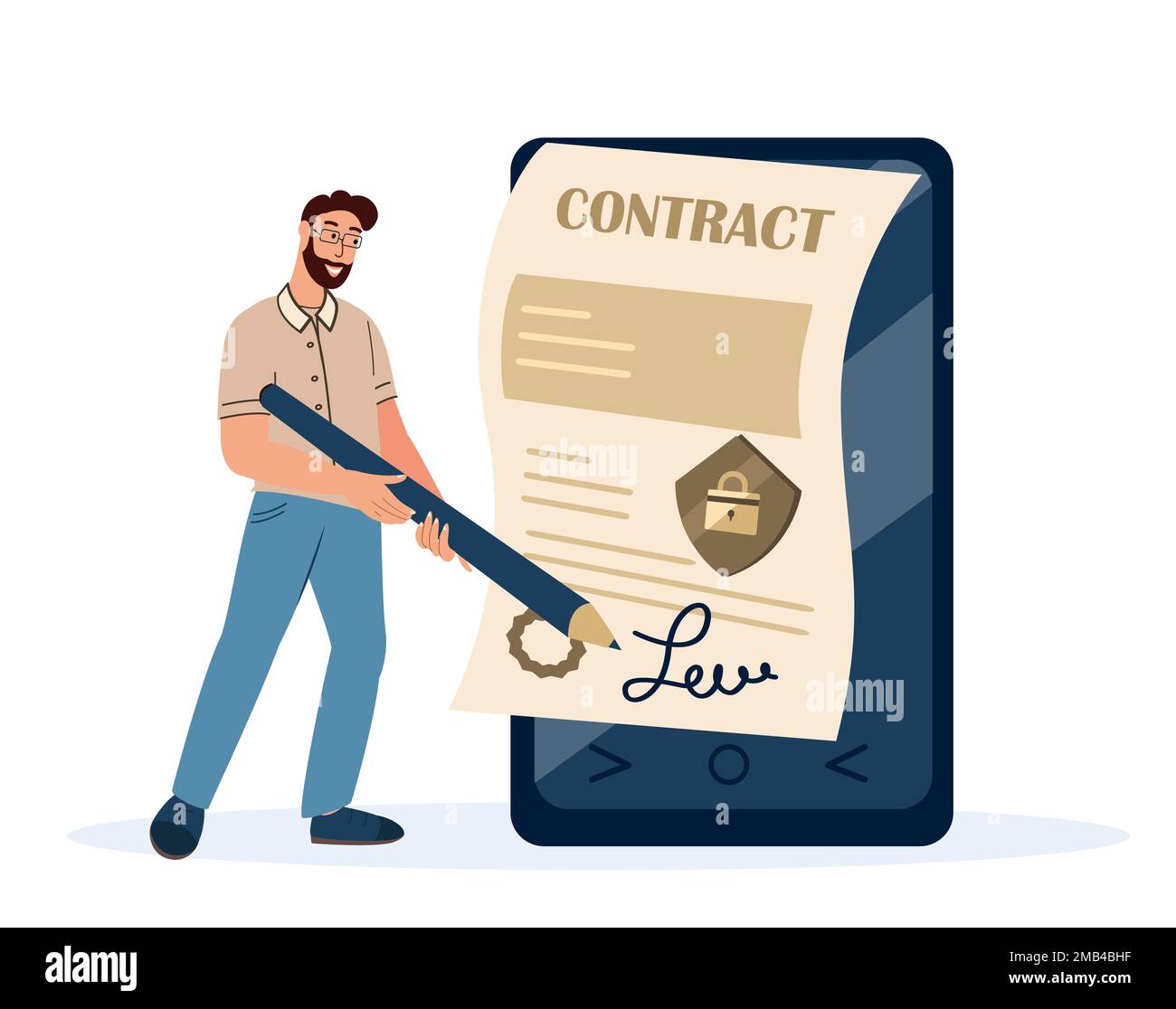 Man Signing Contract Online.Digital Electronic Signature Concept.Adult Man Putting Sign Into Legal Document on Huge Mobile Phone Screen.Isolated on Wh Stock Photo