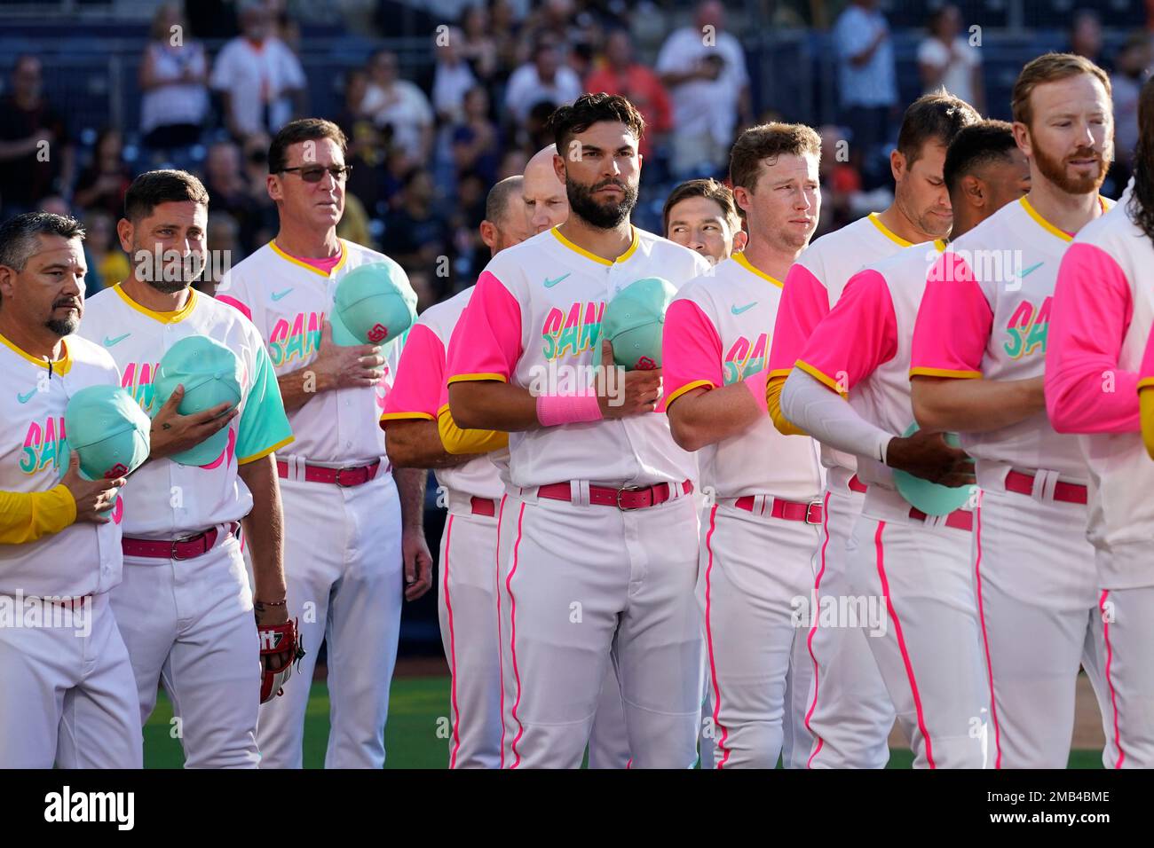 Members of the San Diego Padres wear City Connect uniforms before a  baseball game against the San Francisco Giants, Friday, July 8, 2022, in  San Diego. (AP Photo/Gregory Bull Stock Photo - Alamy