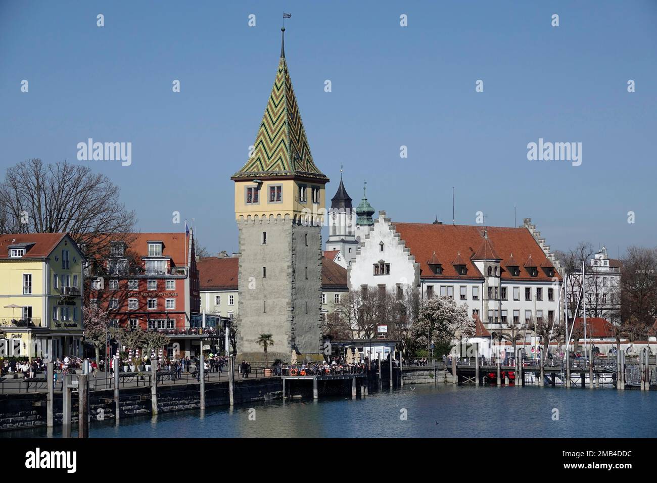 Harbour with Mangturm, behind towers of cathedral and church St. Stephan, Lindau am Lake Constance, Swabia, Bavaria, Germany Stock Photo