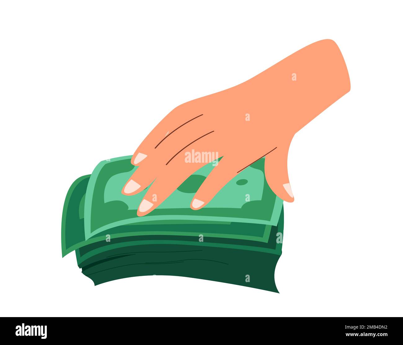 Hand Palm taking pile of money,Green Bills,Notes. Cash money, Finance icon. Financial capital, wealth, profit, bonus and savings concept. Flat vector Stock Photo