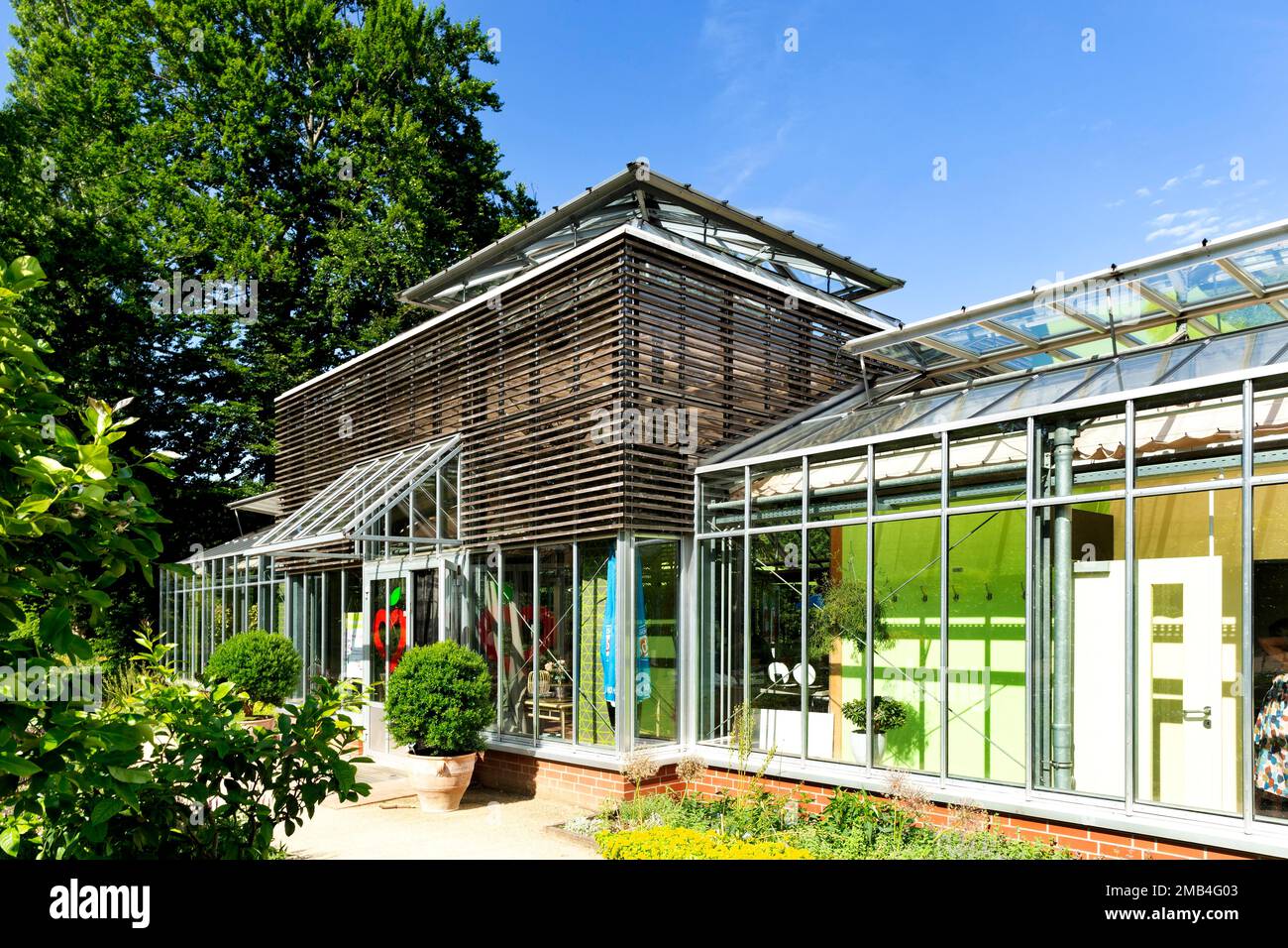 Palm house with cafe in the botanical garden, Stadtpark, Guetersloh, East Westphalia, North Rhine-Westphalia, Germany Stock Photo