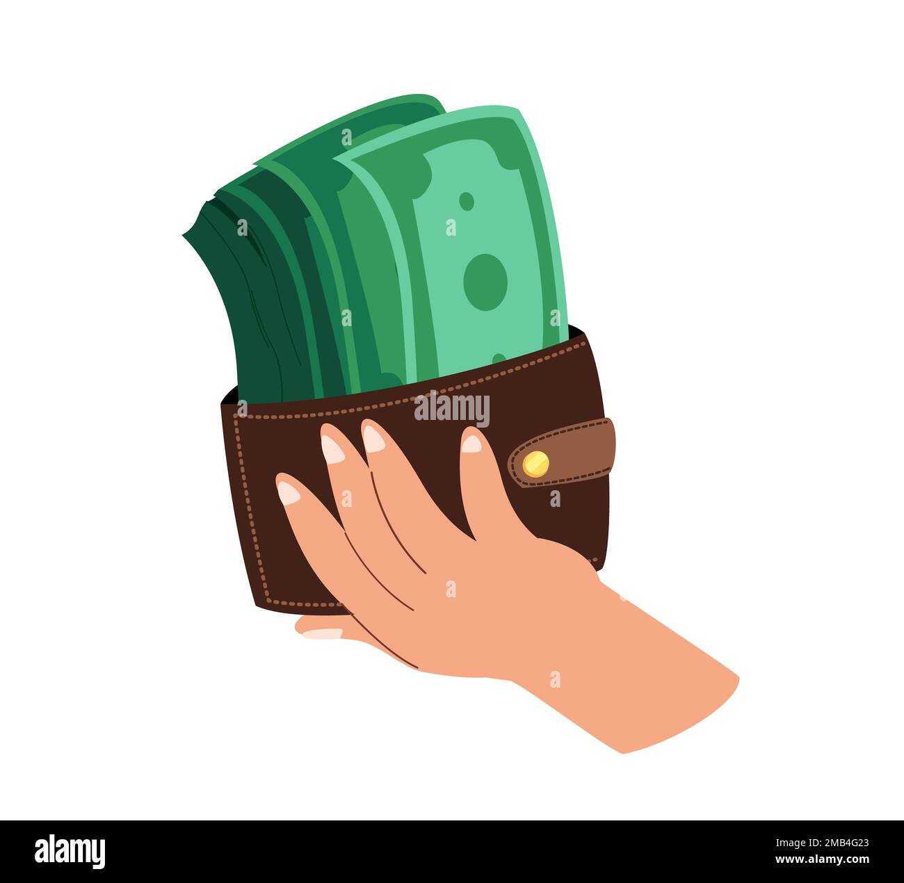 Hand Palm holding wallet with pile of money,Green Bills,Notes.Cash money,Finance Accumulation.Deposit,Financial capital,wealth,profit,savings concept. Stock Photo