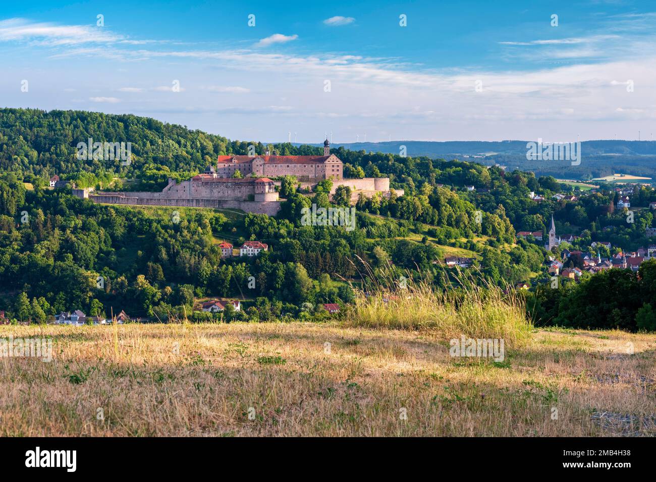 View of Plassenburg Castle and Kulmbach in the evening light, Upper Franconia, Franconia, Bavaria, Germany Stock Photo