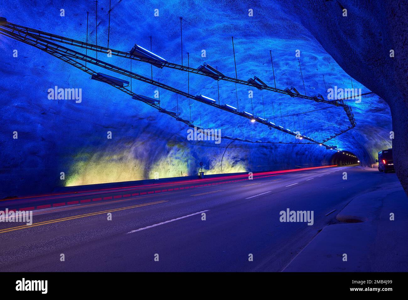 blue light of the interior of the underground Laerdal tunnel, the