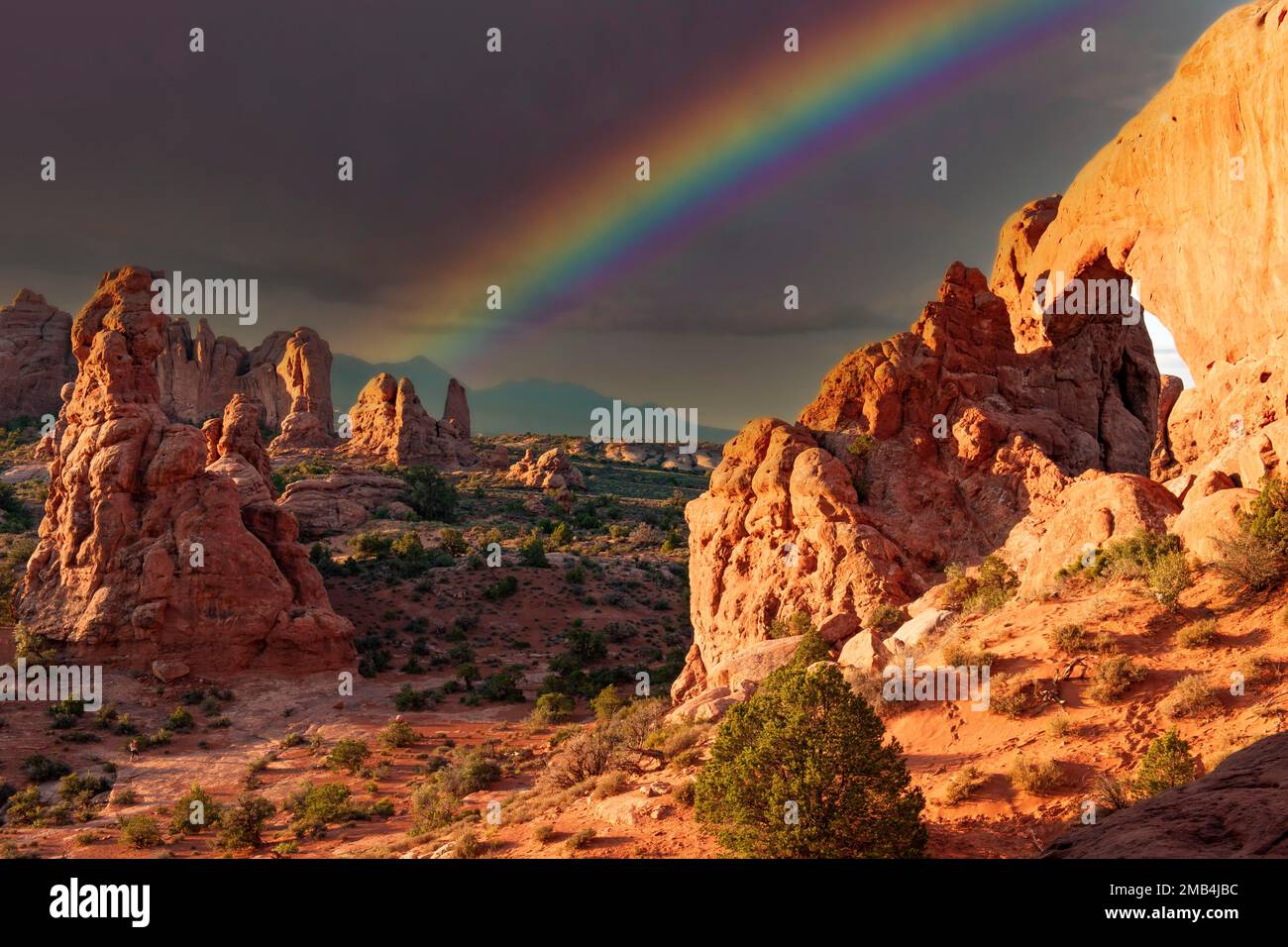 South Window in morning light and rainbow, Arches National Park, Utah, Southwest, USA, North America Stock Photo