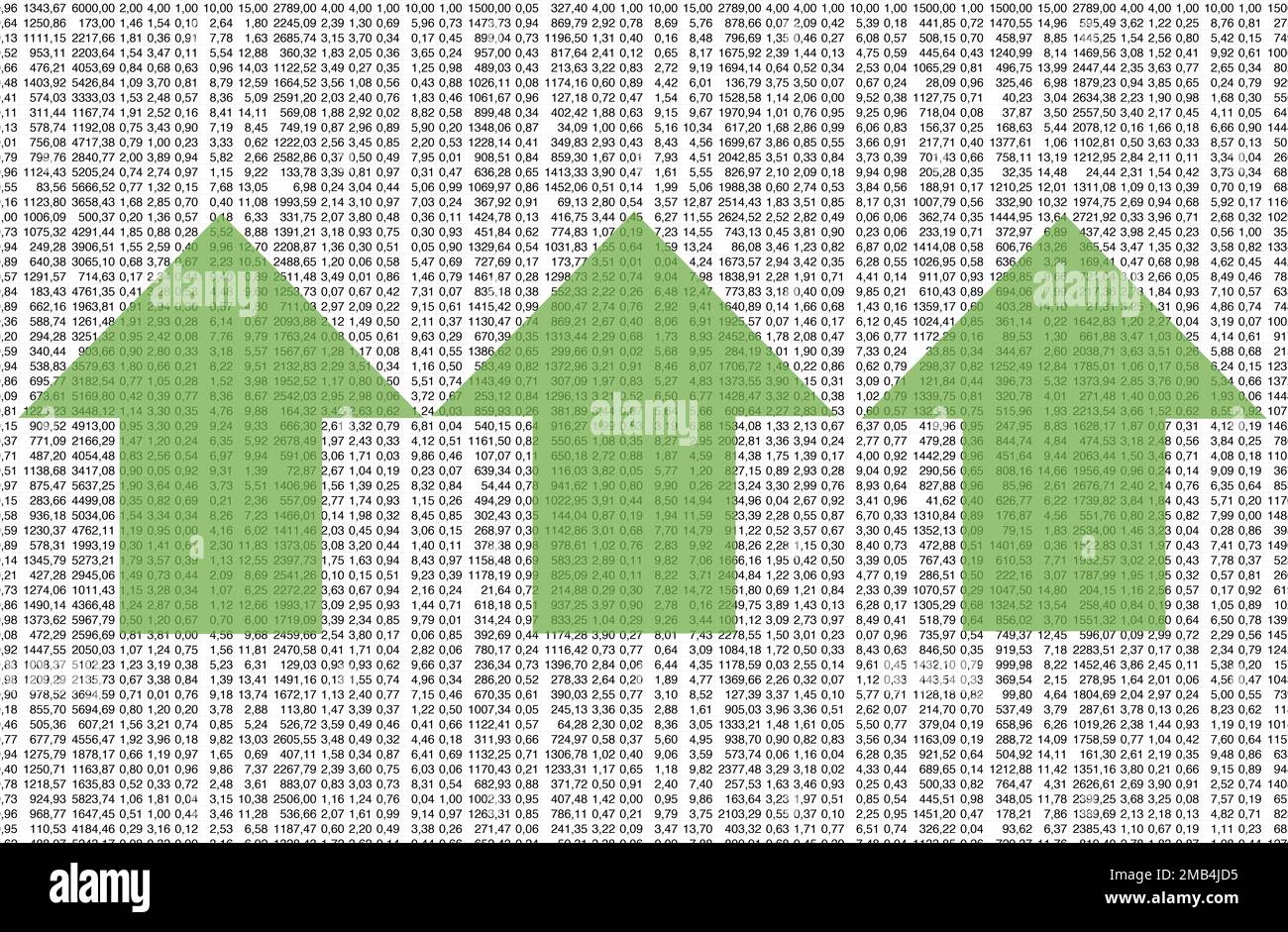 Complex data spreadsheet with green arrows pointing upwards indicating a postive business sales momentum and profit Stock Photo