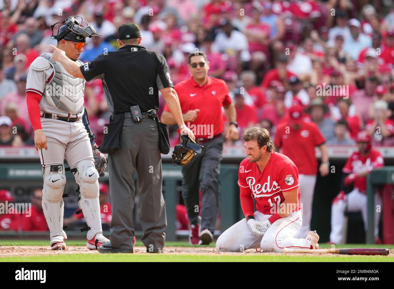 Cincinnati Reds' Kyle Farmer (17) reacts after being hit by a pitch during  a baseball game against the Atlanta Braves Saturday, July 2, 2022, in  Cincinnati. (AP Photo/Jeff Dean Stock Photo - Alamy
