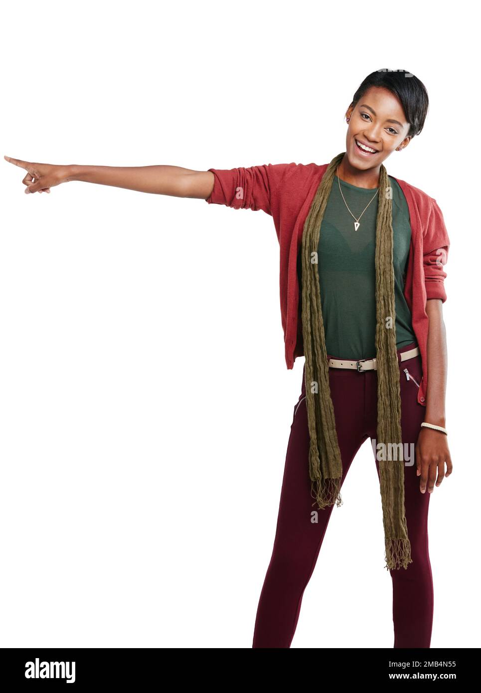 Black woman, portrait and pointing at promotion mockup, isolated ...
