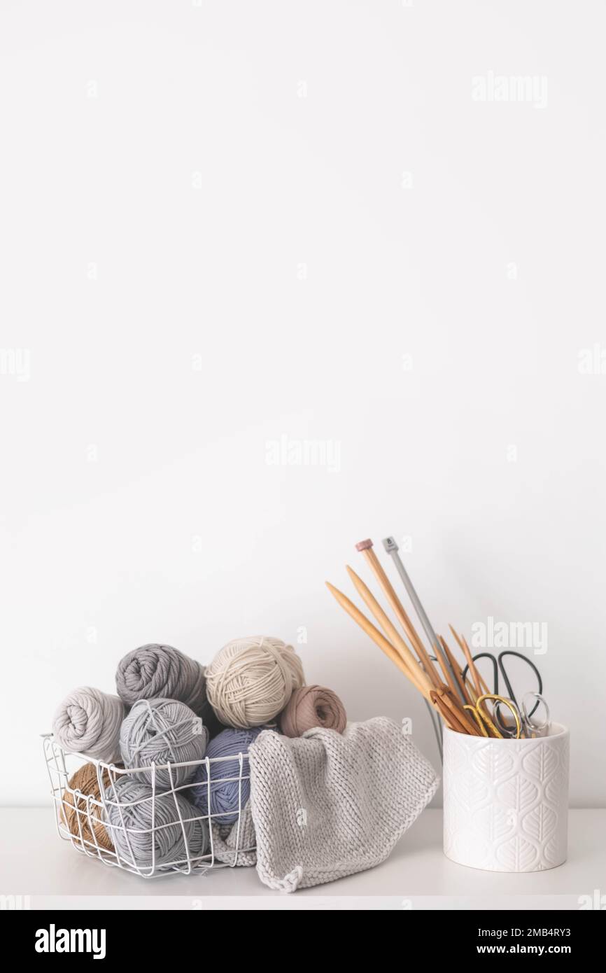 Handmade basket with neutral yarn for knitting and crochet. Knitting ...